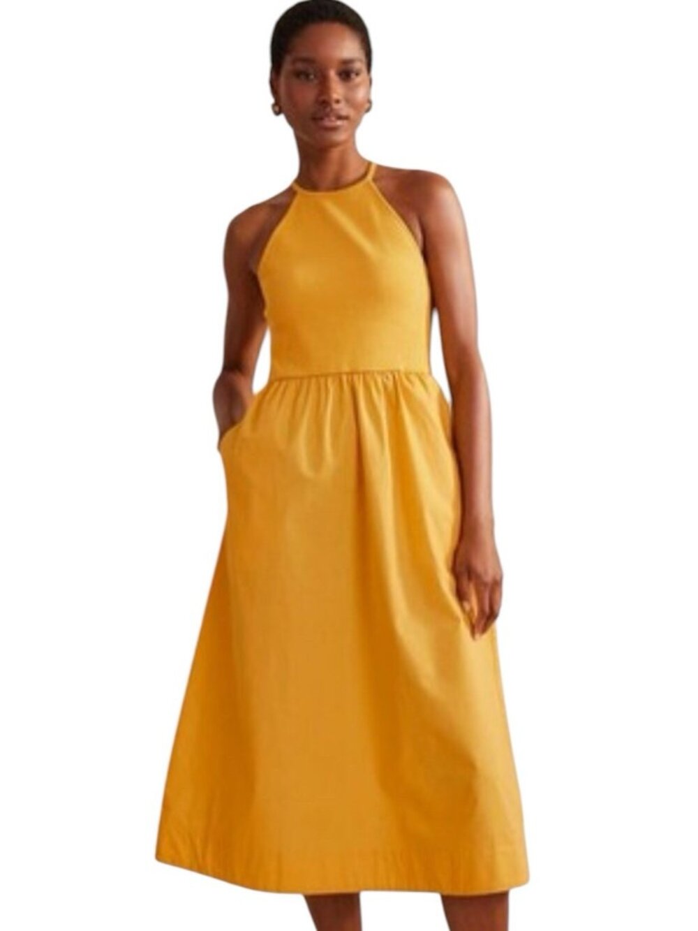 BODEN Women Yellow Size 12 Ribbed Halter neck Midi Pocket Causal Summer Dress